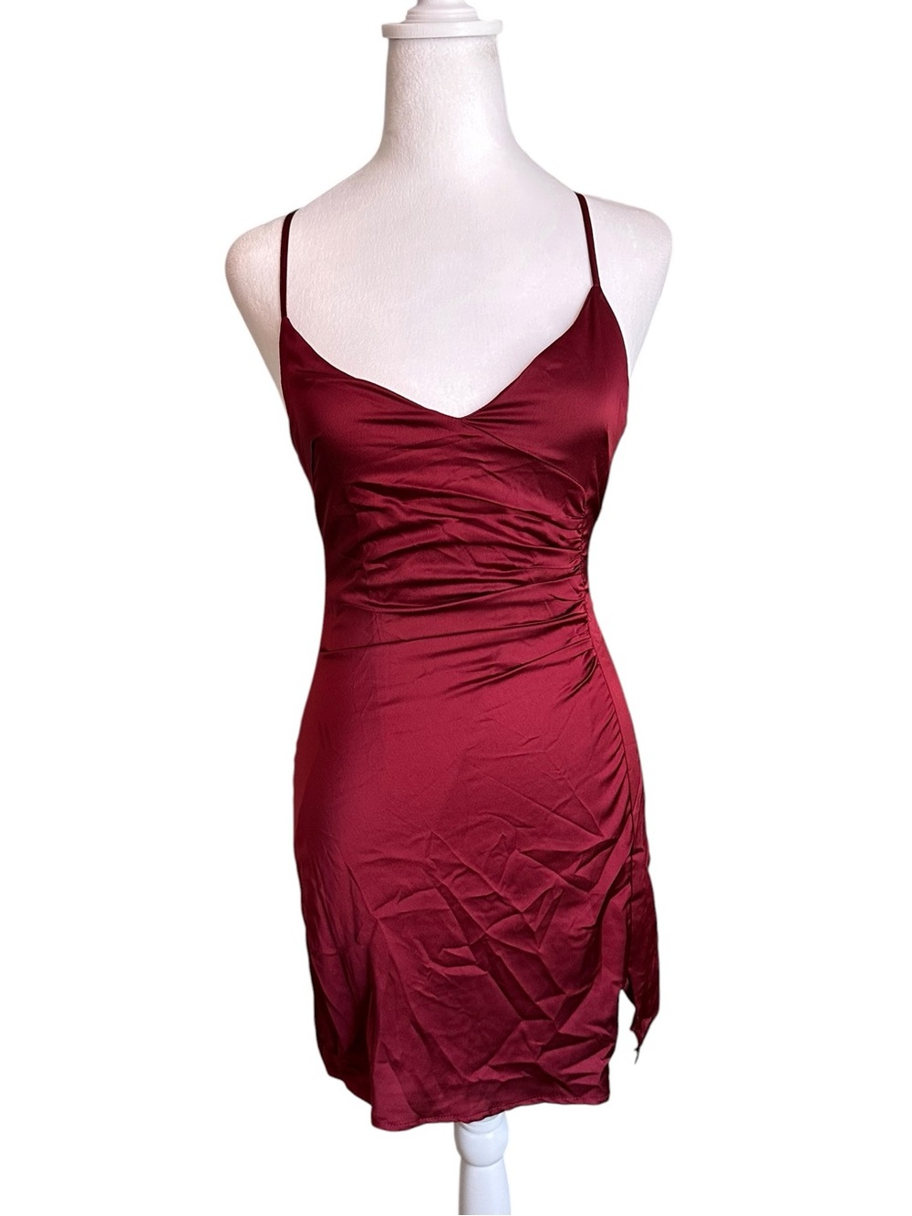 NWT Showpo. Spaghetti Strap Back Crisscross Ruched Slit Wine Red Mini Dress Sz 2